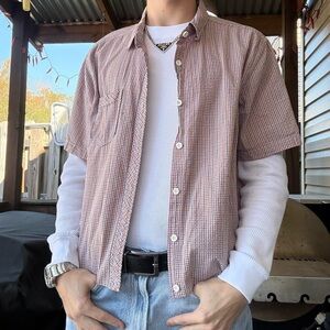 Super cool vintage y2k 2000s orange and blue checkered men’s cropped fit flannel